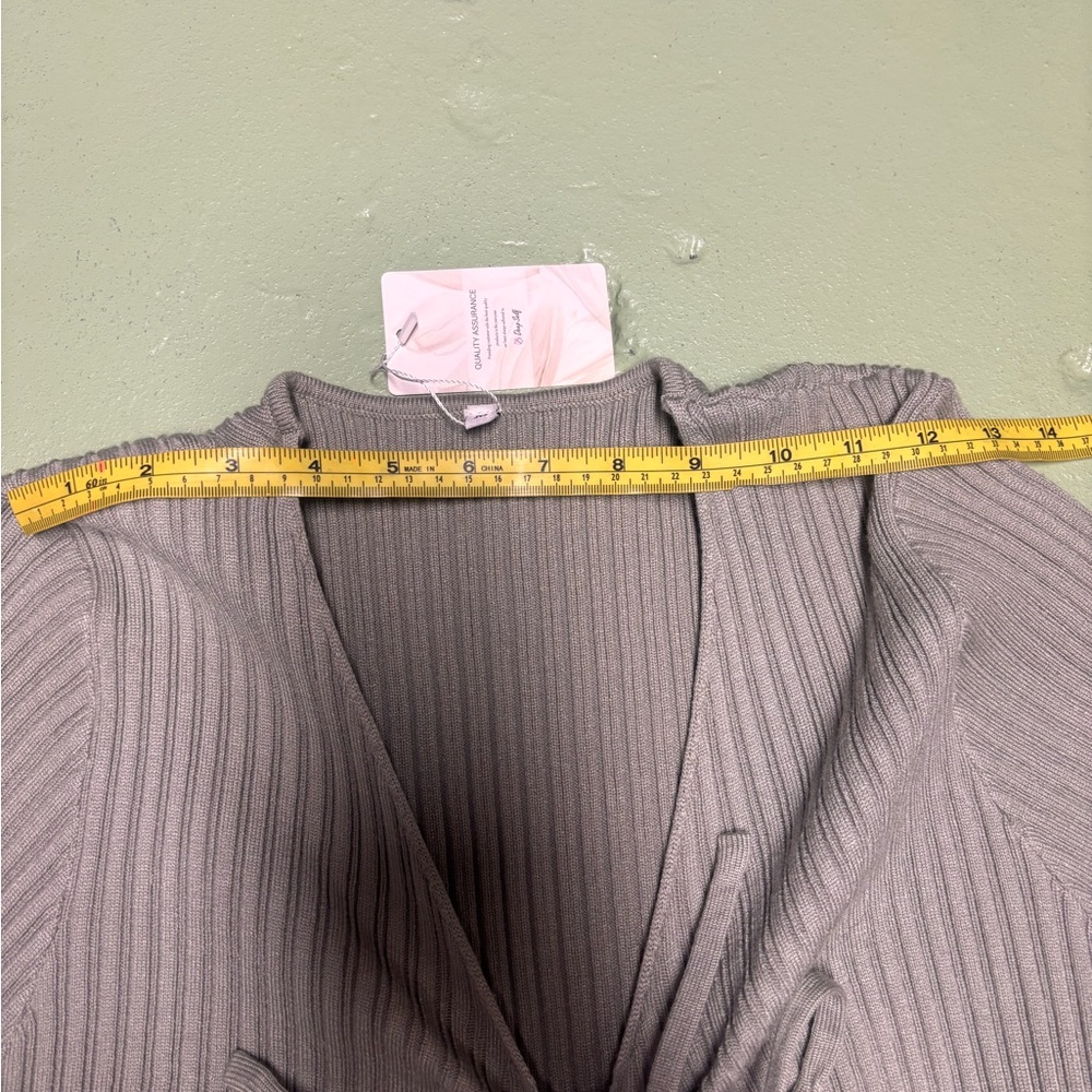 Deep Self Olive Ribbed Ruched Tie Front Midi Sweater Dress - Picture 7 of 13